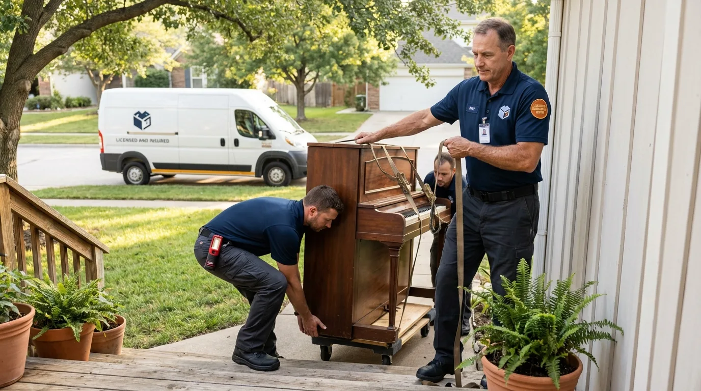 Licensed piano movers securing grand piano in Stanwood, WA