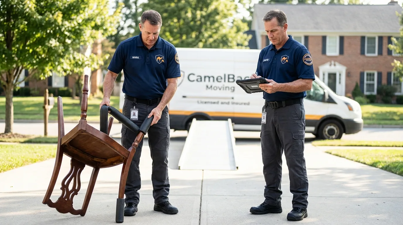 Movers inspecting furniture for damage prevention before loading in Stanwood, WA