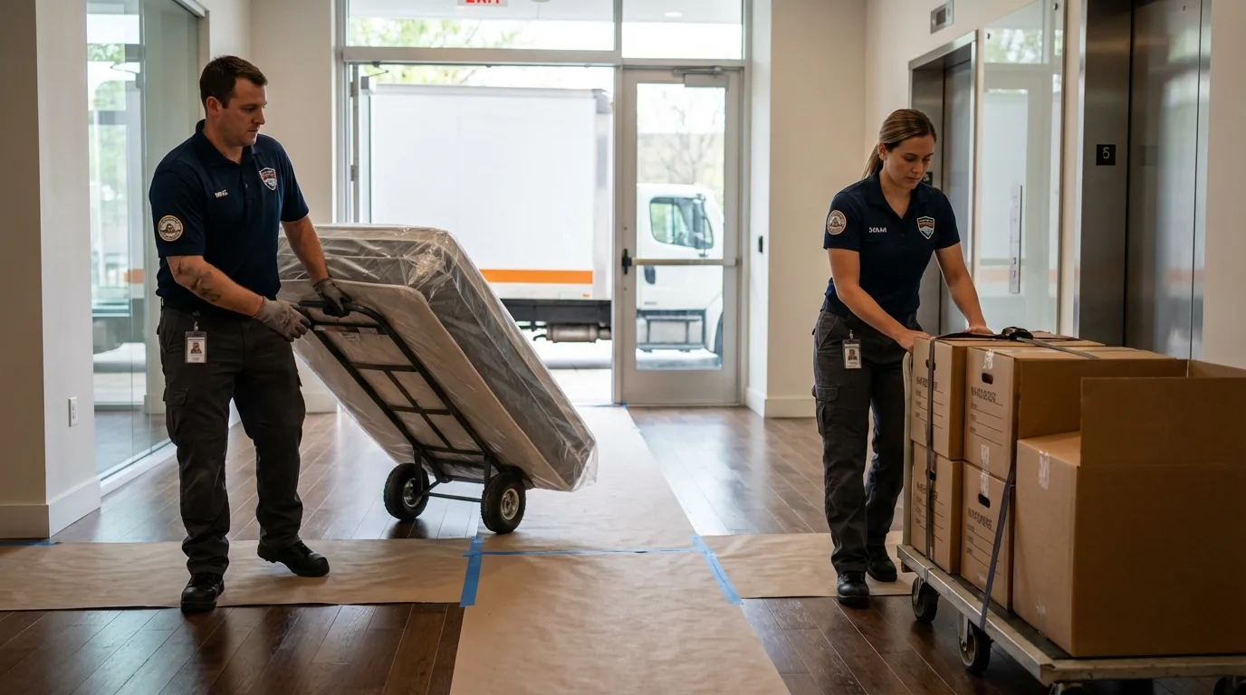 Professional apartment movers loading elevator in Stanwood, WA