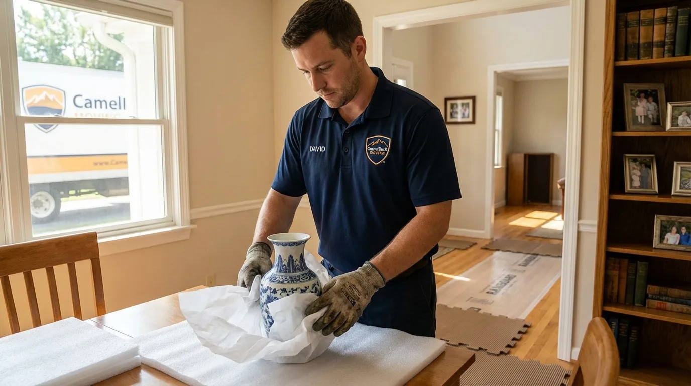 Professional crew carefully wrapping antique vase for senior downsizing move in Stanwood, WA